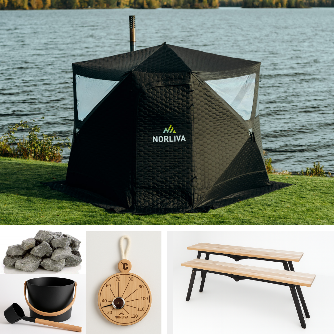 Set: Saunatent Dalen + oven + sauna-accessoires + banken