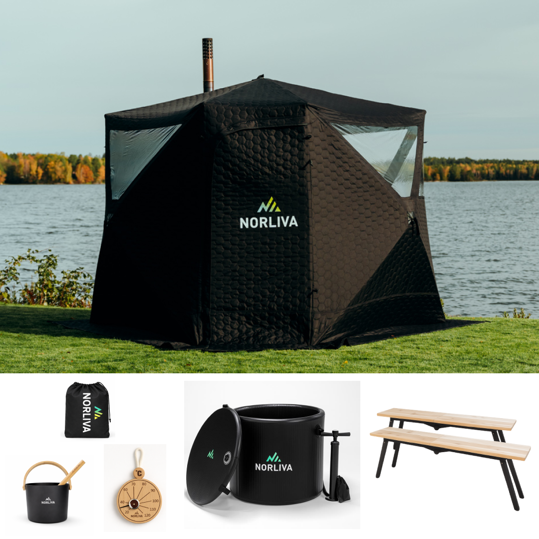 Set: saunatent Dalen 3.0 + kachel + sauna-accessoires + regenbescherming + banken + ijsbad