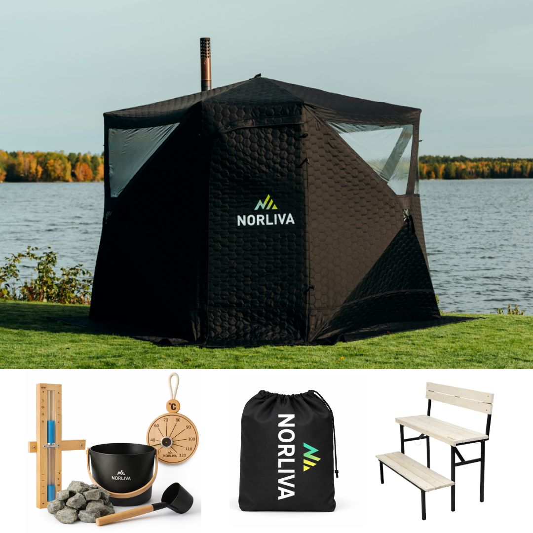 Set: Tente de sauna Dalen 3.0 + poêle + accessoires de sauna + housse de protection contre la pluie + banc à deux niveaux