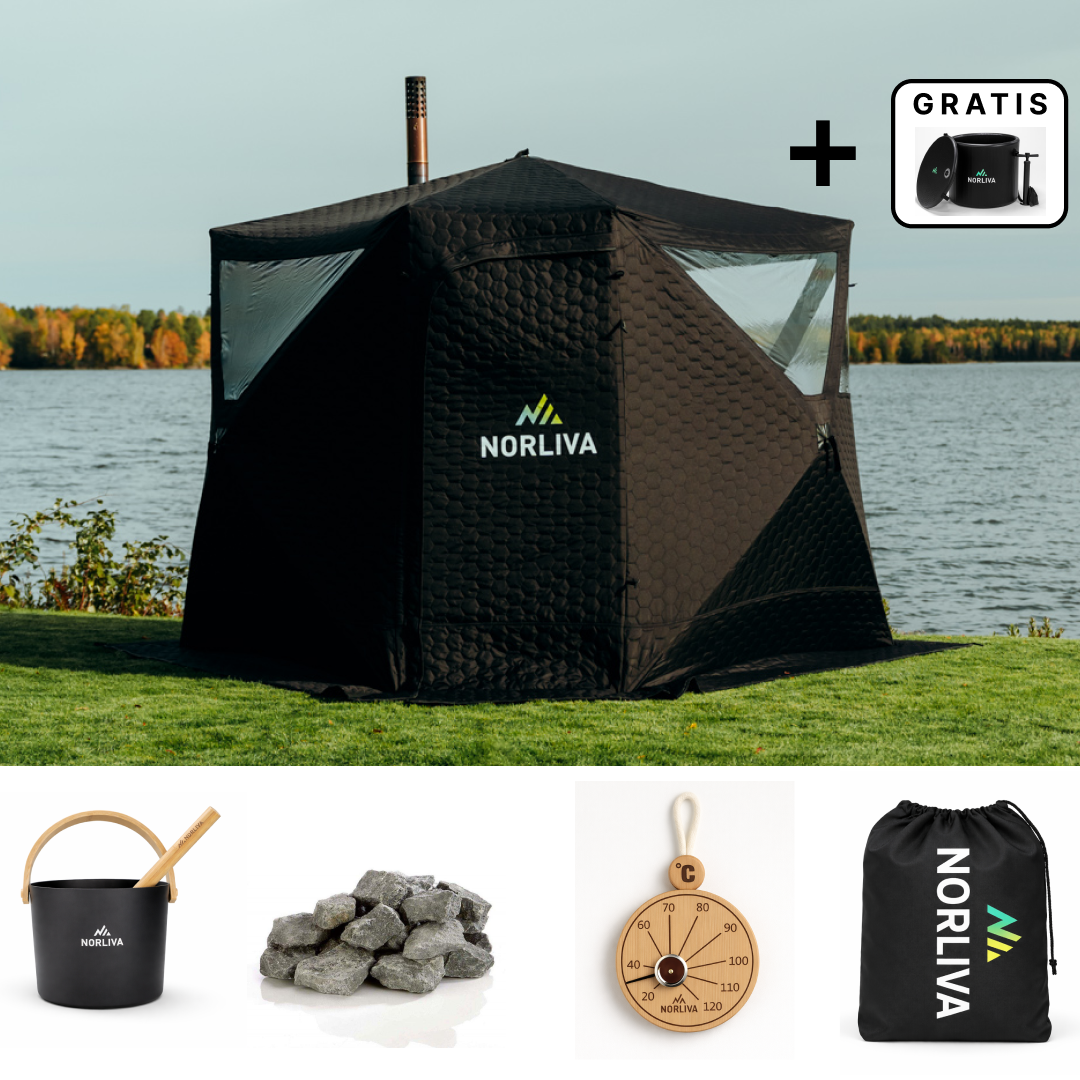 Set: Dalen 3.0-saunatent + kachel + sauna-accessoires + regenbescherming