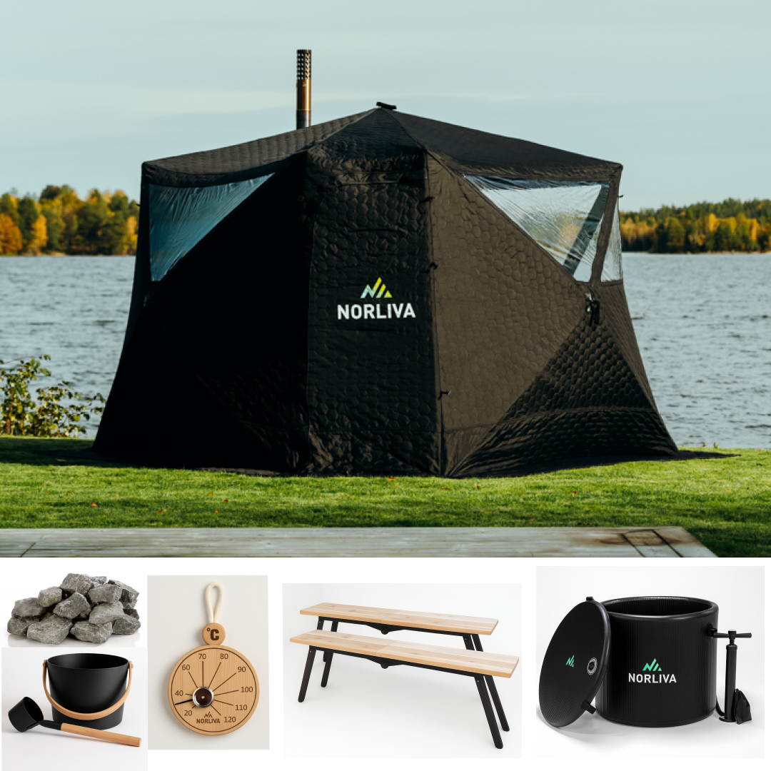 Ensemble : tente sauna Fjorden + poêle + accessoires sauna + bancs + baignoire glacée