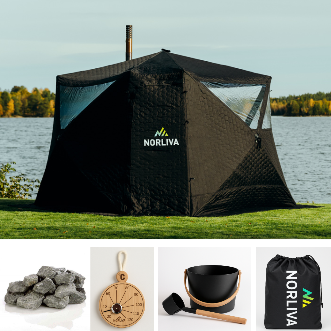 Ensemble : tente sauna Fjorden + poêle + accessoires sauna + protection pluie