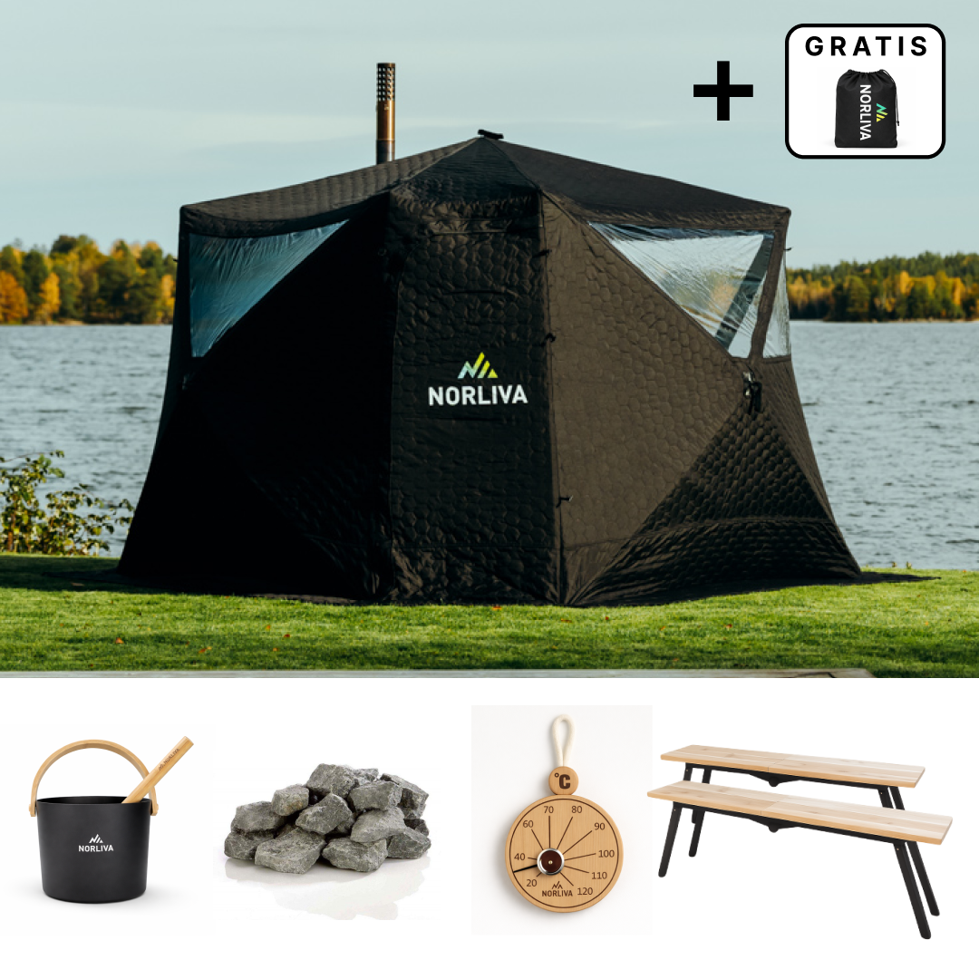 Set : tente de sauna Fjorden + poêle + accessoires de sauna + protection contre la pluie + bancs