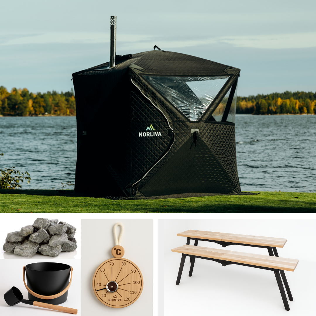 Ensemble : tente sauna Isen + poêle + accessoires sauna + bancs