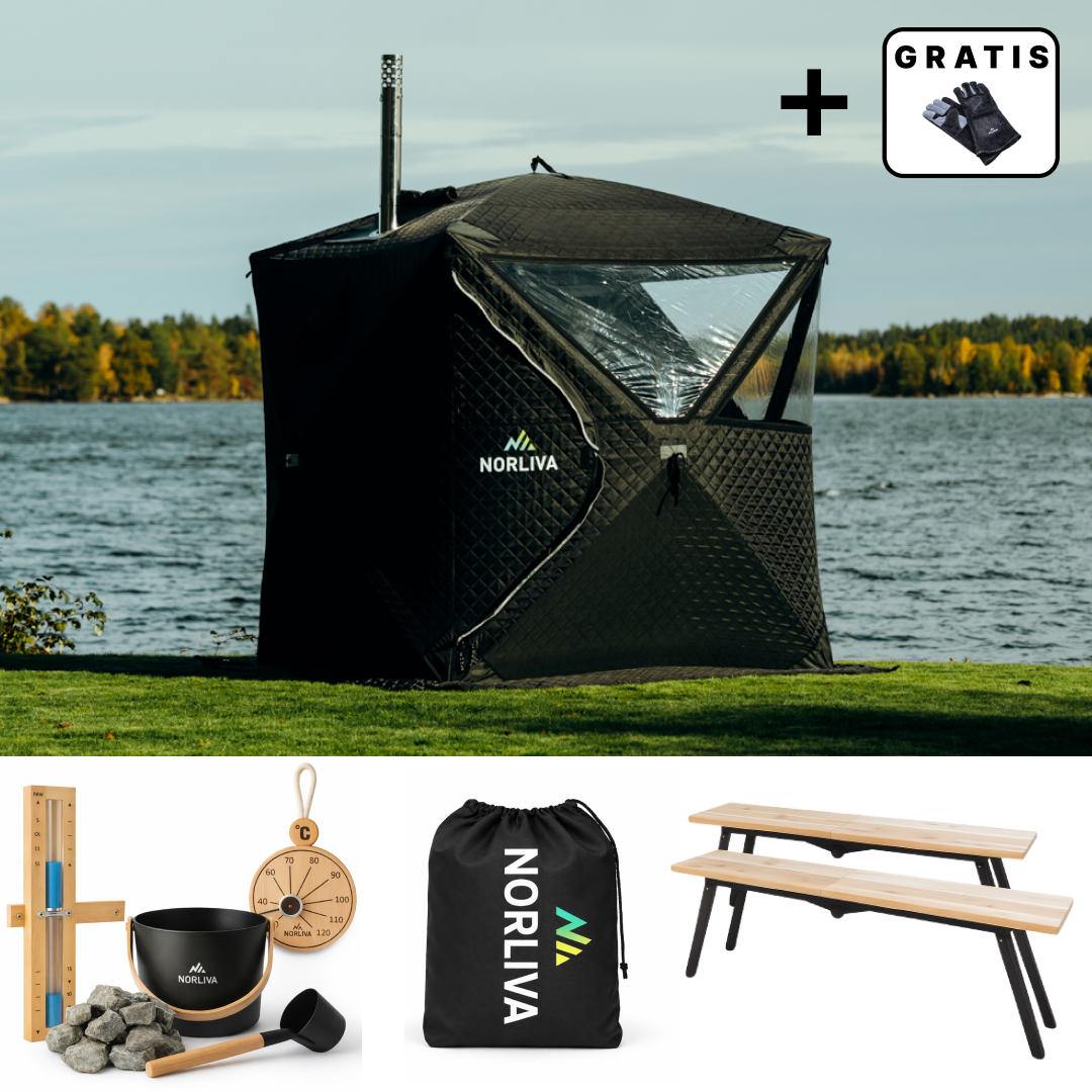 Kit : Tente de sauna Isen 2.0 + poêle de sauna + accessoires de sauna + protection contre la pluie + bancs