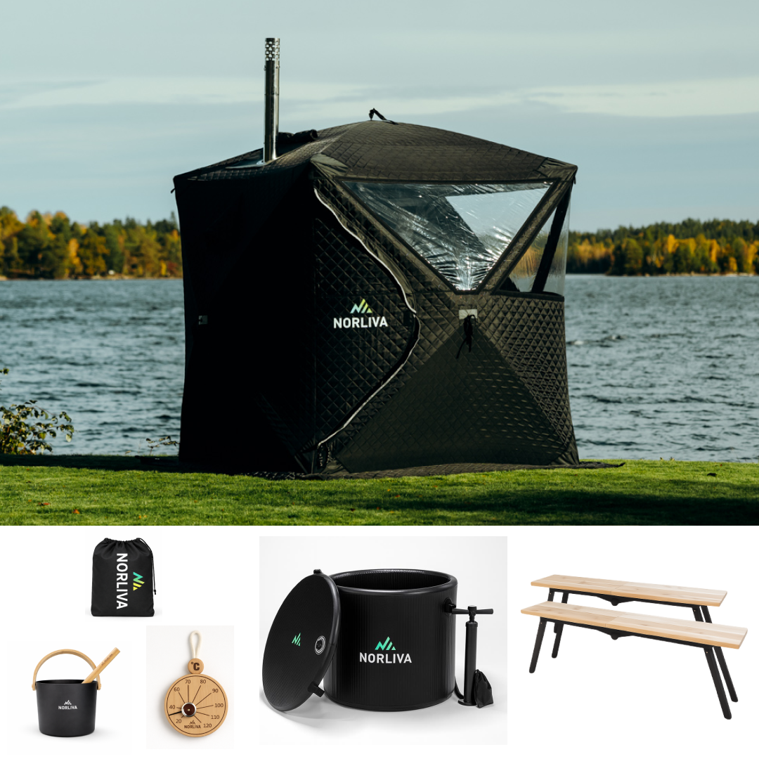Ensemble : tente sauna Isen 3.0 + poêle + accessoires de sauna + protection contre la pluie + bancs + tonneau de glace