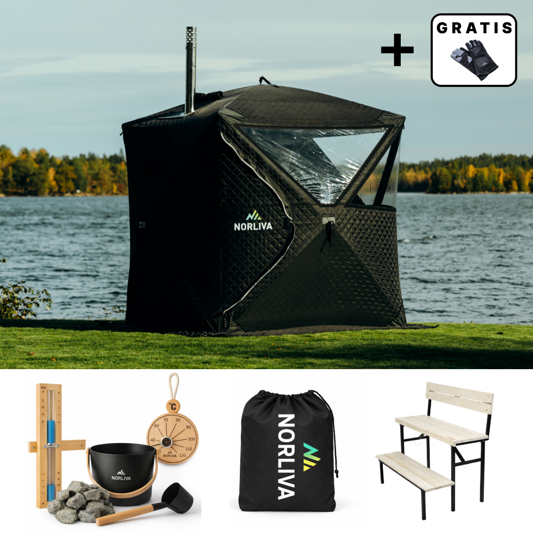 Ensemble : Tente de sauna Isen 2.0 + poêle à sauna + accessoires de sauna + protection contre la pluie + banc à deux niveaux