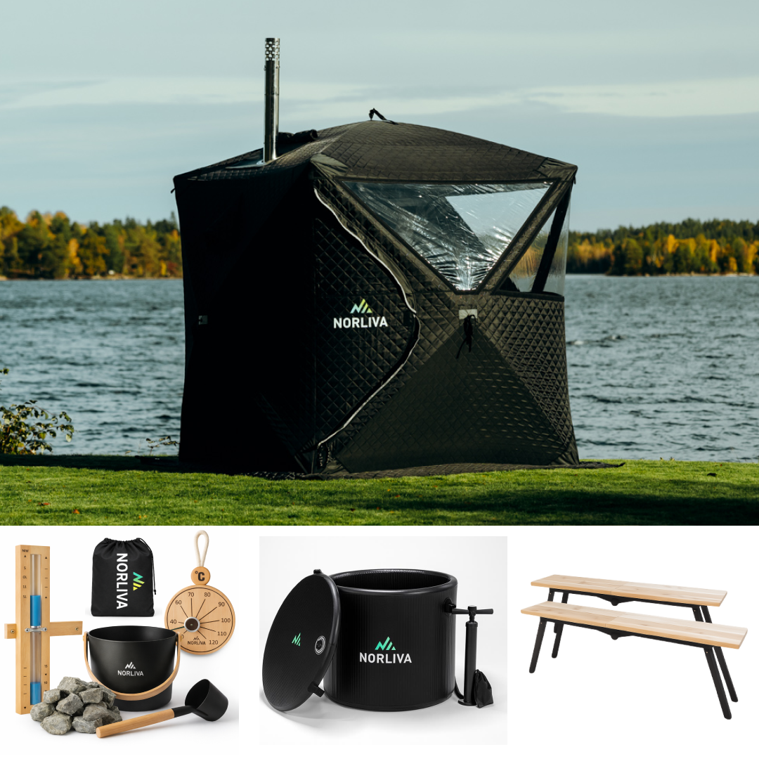 Set: Saunatent Isen 2.0 + Oven + Sauna-accessoires + Regenbescherming + Banken + Ijsemmer