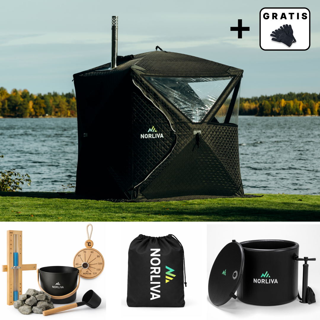 Set: saunatent Isen + kachel + sauna-accessoires + regenhoes + ijsbadton