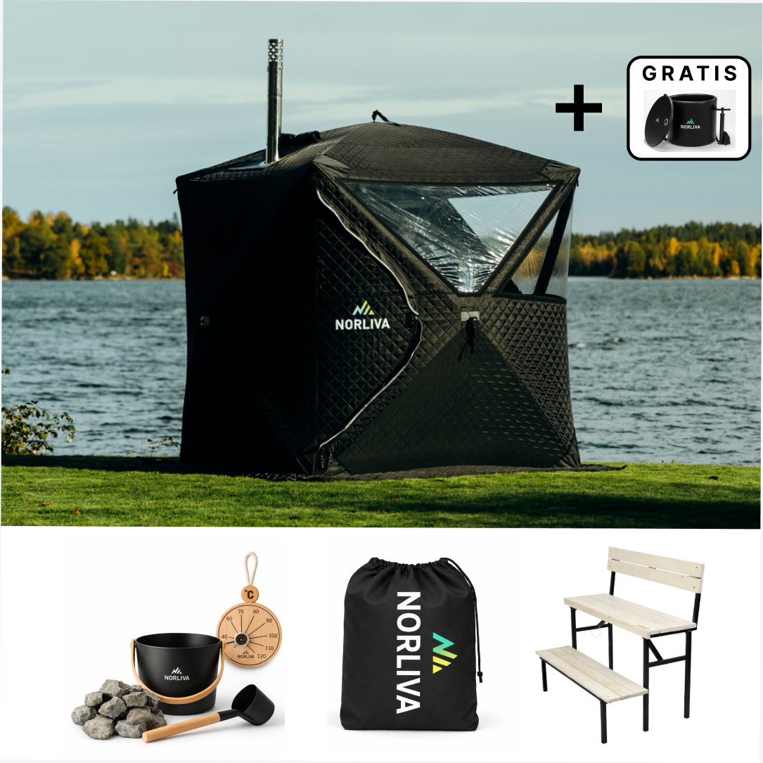 Set: saunatent Isen 3.0 + kachel + sauna-accessoires + regenbescherming + bank met twee niveaus