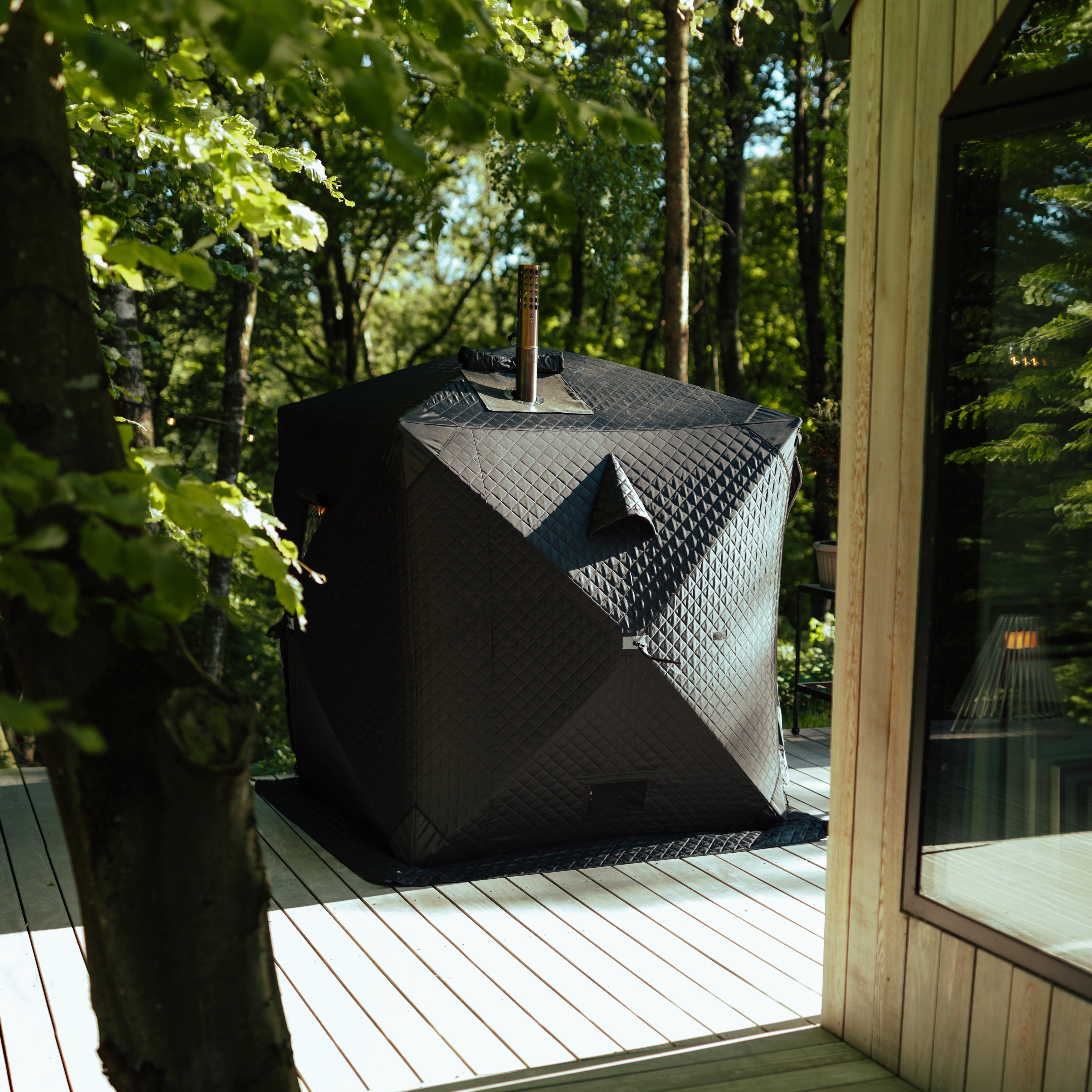 Ensemble : tente sauna Isen + poêle + accessoires sauna + bancs + tonneau à glace