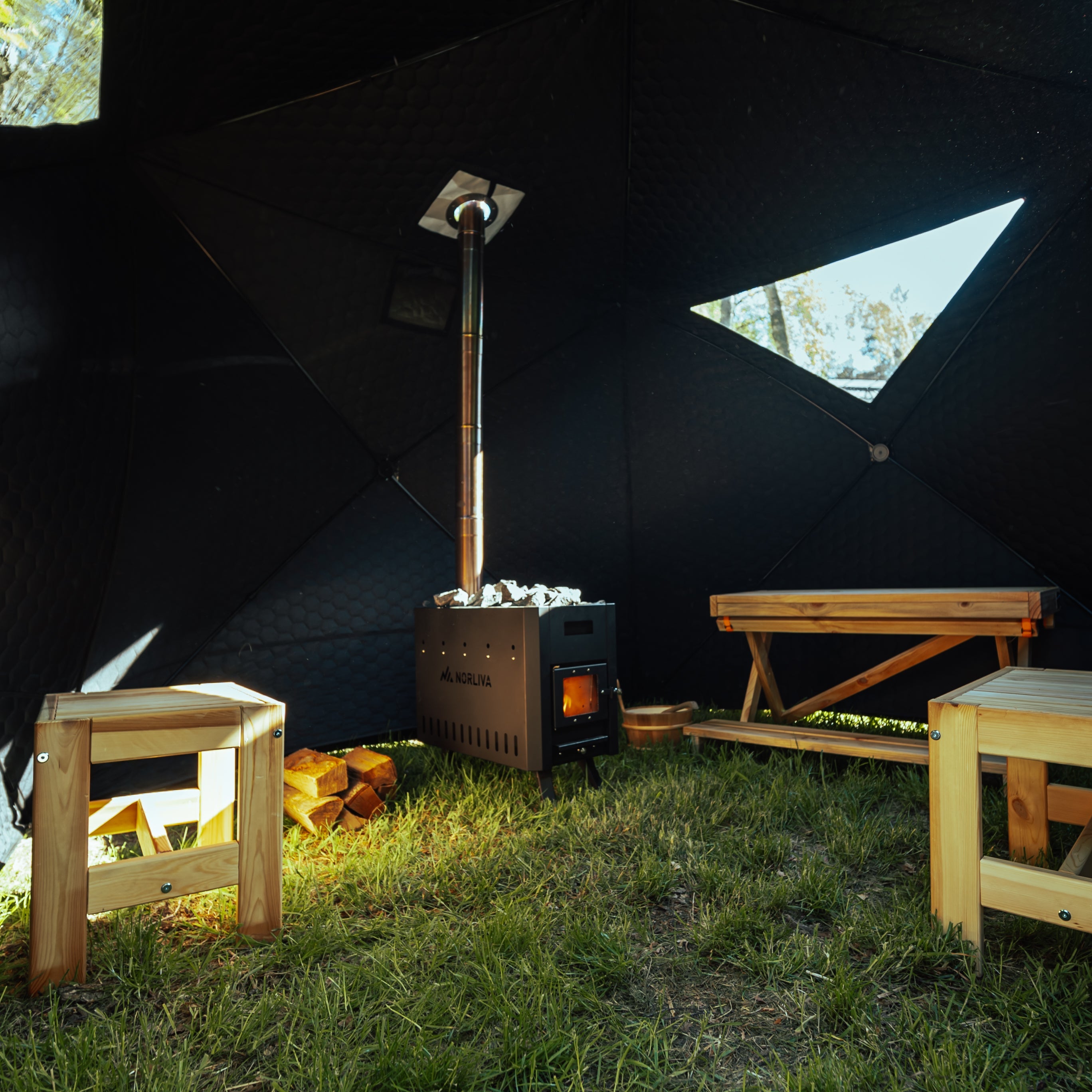 Set : tente de sauna Fjorden + poêle + accessoires de sauna + tonne à glace