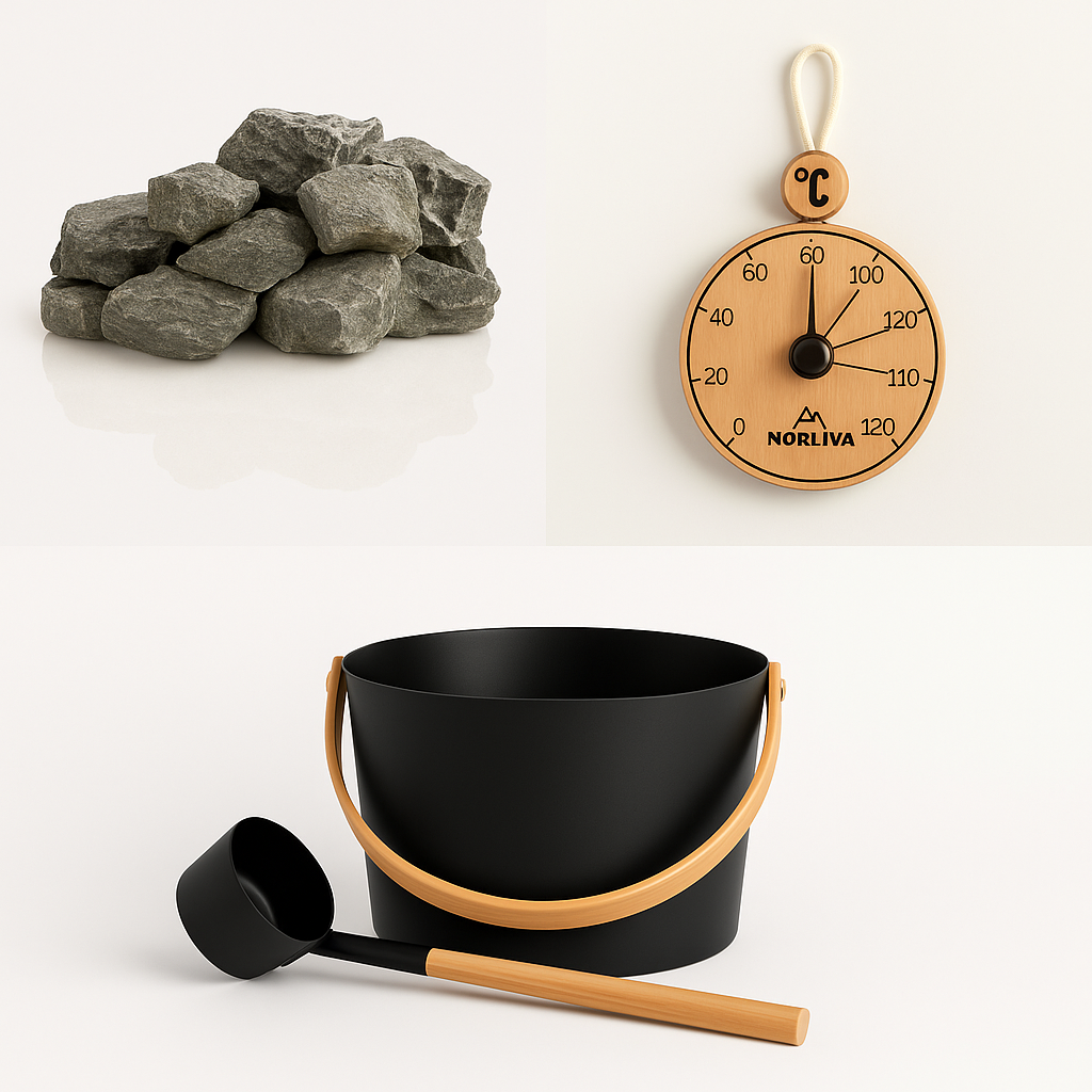 Sauna-accessoires: Saunaemmer + Lepel, Thermometer, Saunastenen
