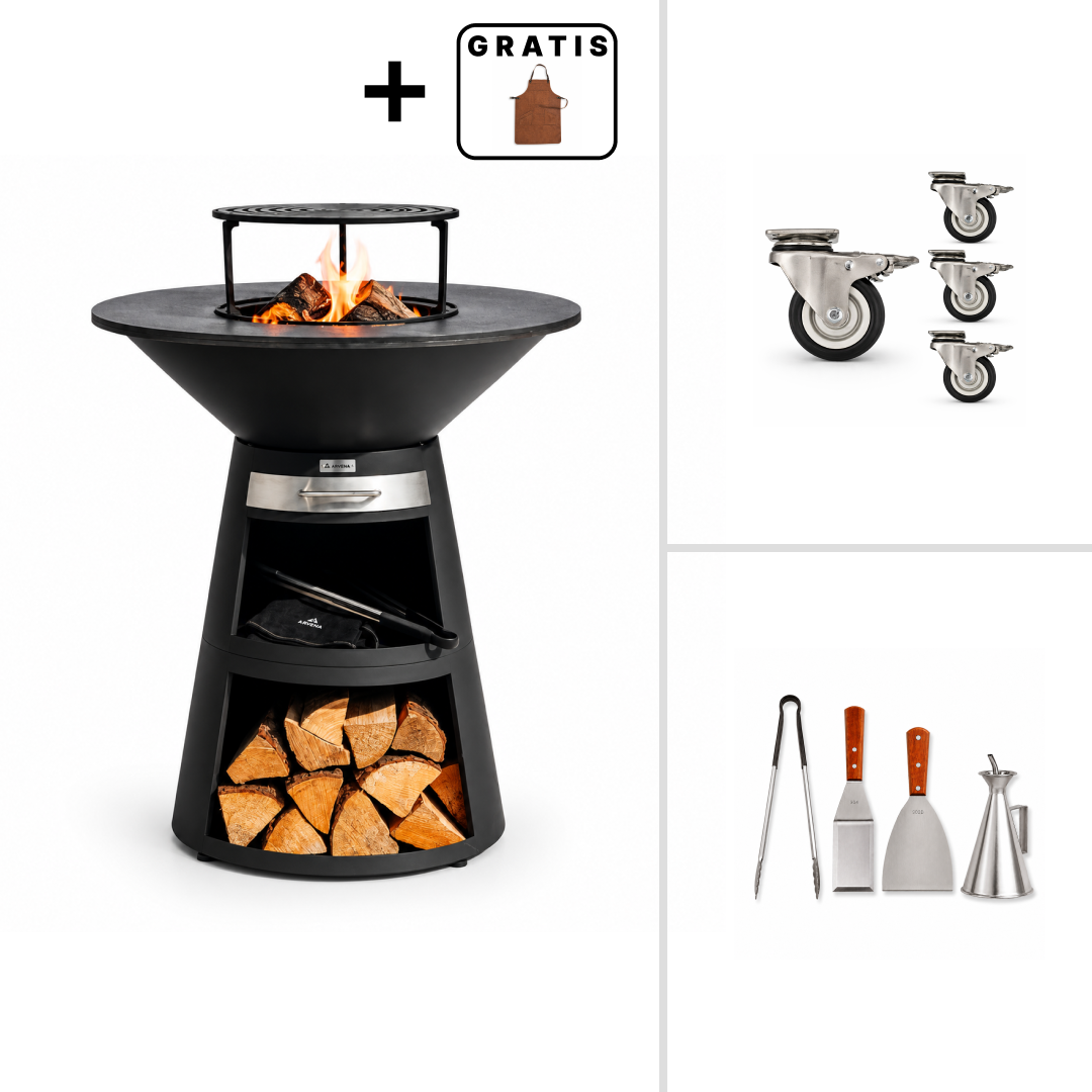 Ensemble : gril plancha à feu Aska + accessoires de barbecue + roulettes