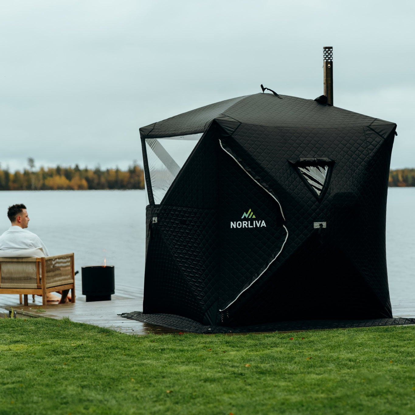 Ensemble : tente sauna Isen + poêle + accessoires sauna + bancs + tonneau à glace
