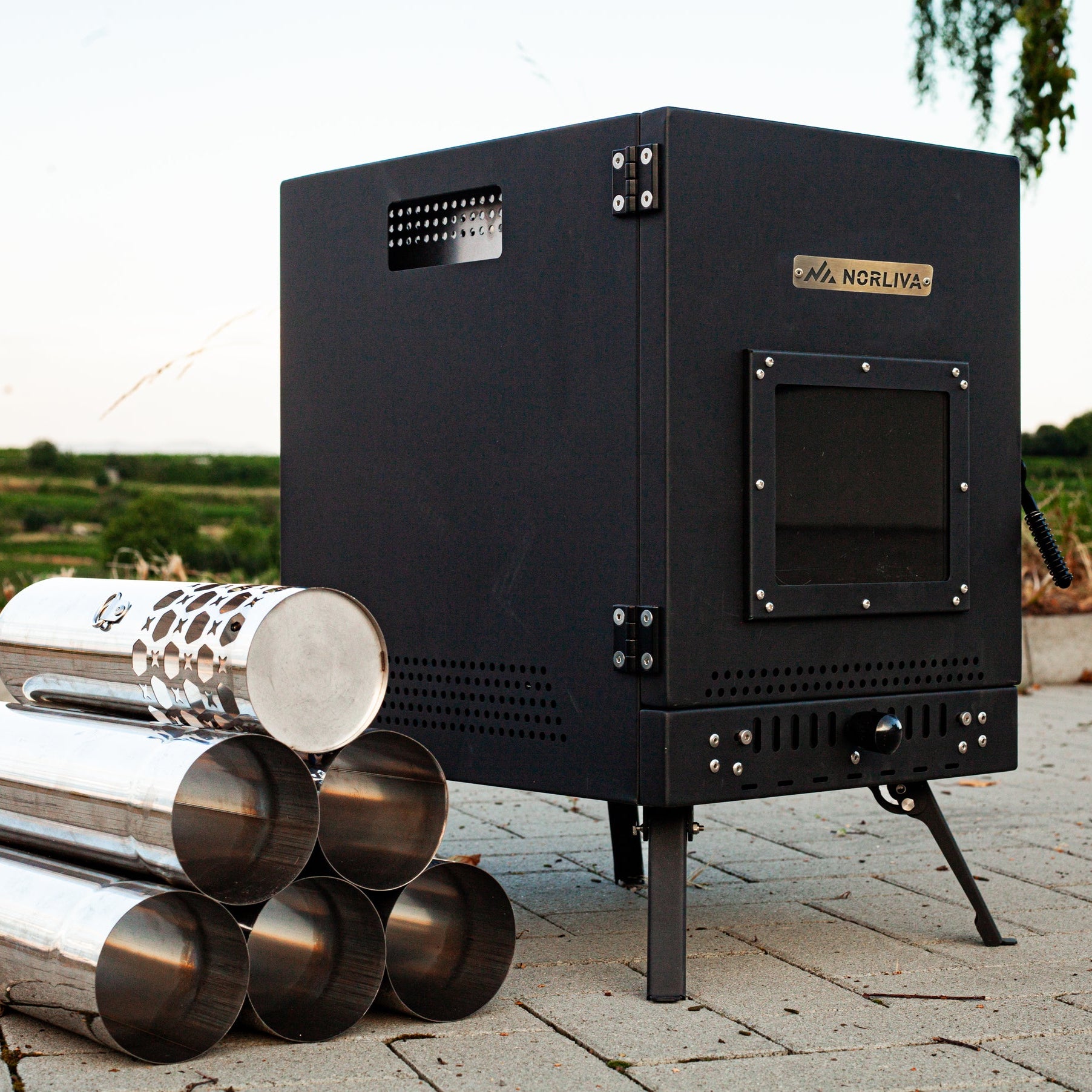 Set: Saunatent Isen 2.0 + Saunaoven + Sauna-accessoires + Regenbescherming + Tweetraps bank
