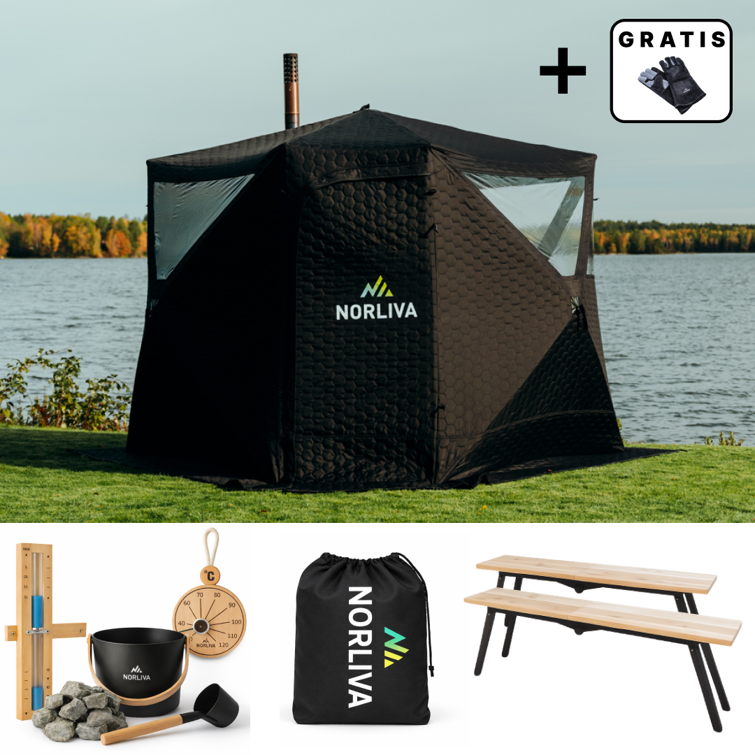 Set: Saunatent Dalen 3.0 + Kachel + Sauna-accessoires + Regenhoes + Banken