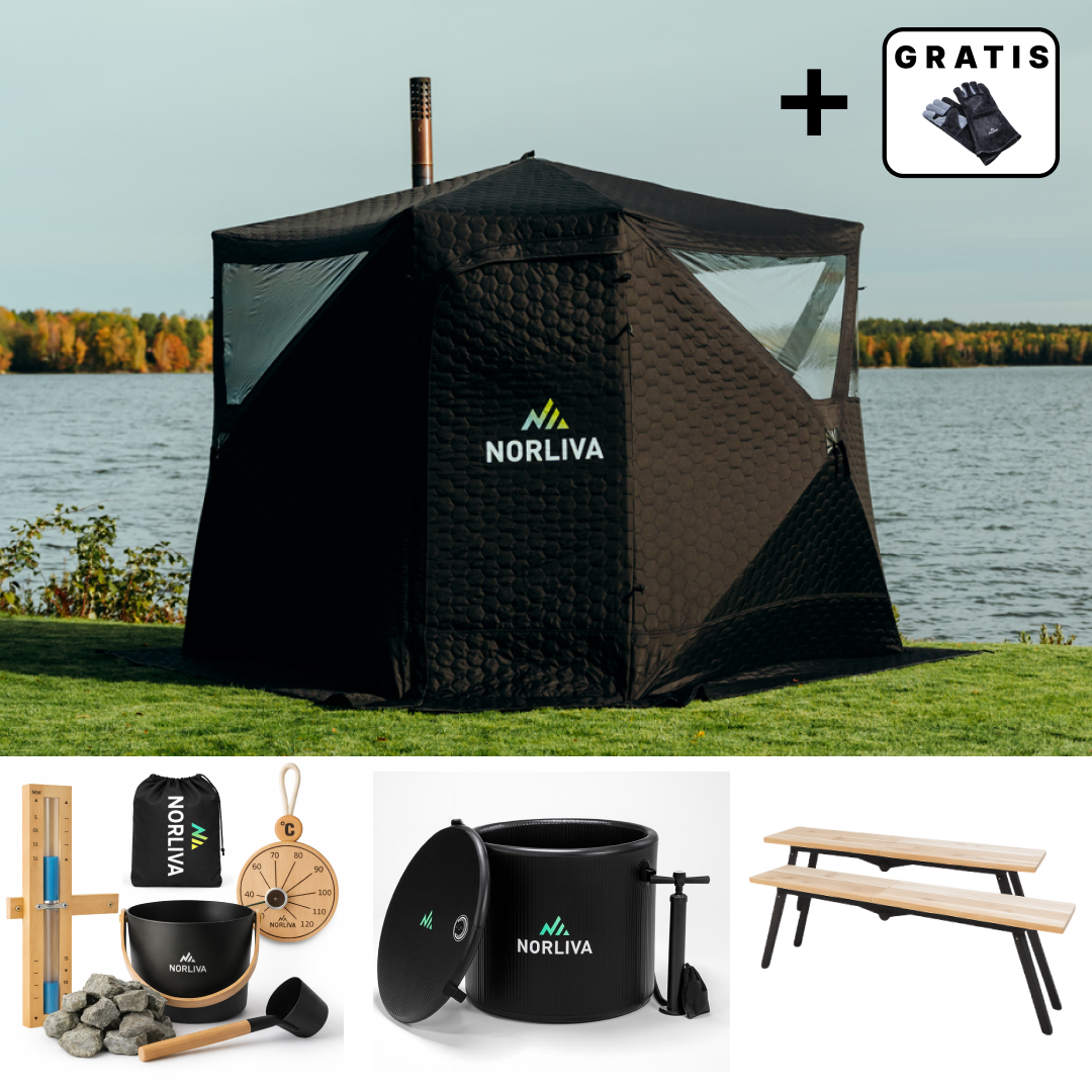 Set: Saunatent Dalen 3.0 + Kachel + Sauna-accessoires + Regenhoes + Bankjes + IJsbadton