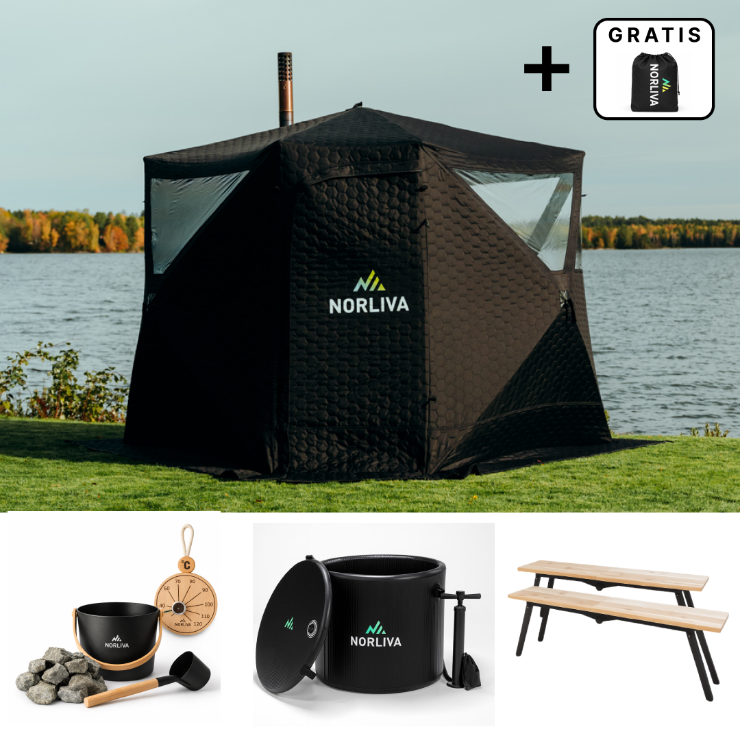 Set: saunatent Dalen 3.0 + kachel + sauna-accessoires + regenbescherming + banken + ijsbad