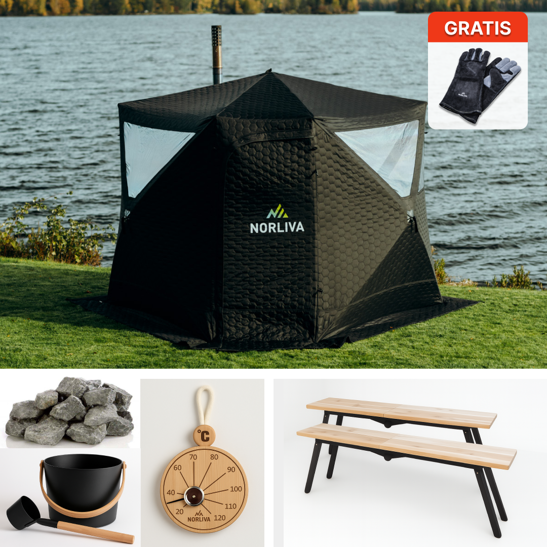 Set: Saunatent Dalen + oven + sauna-accessoires + regenkap + banken