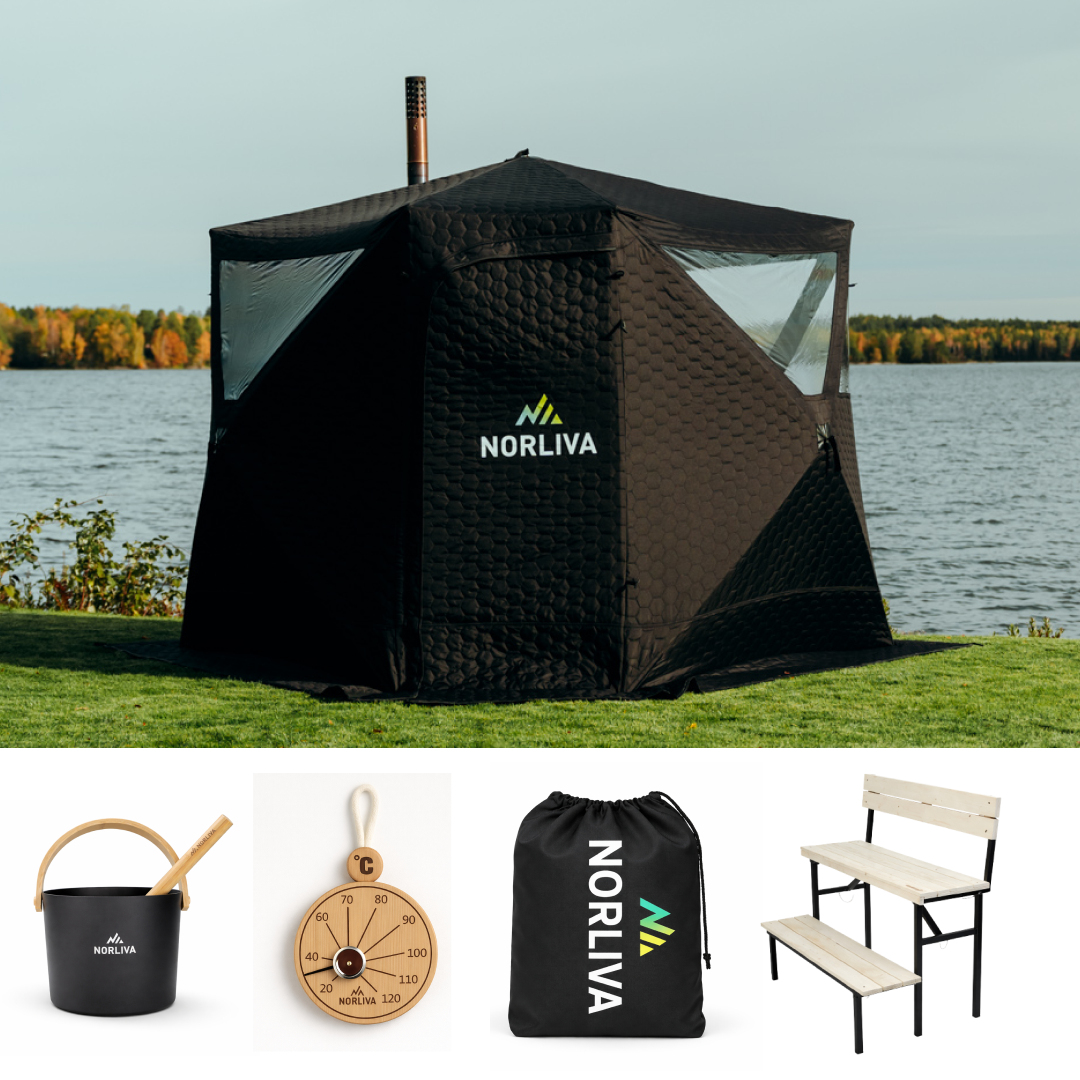 Set: saunatent Dalen 3.0 + kachel + sauna-accessoires + regenbescherming + bank met twee niveaus