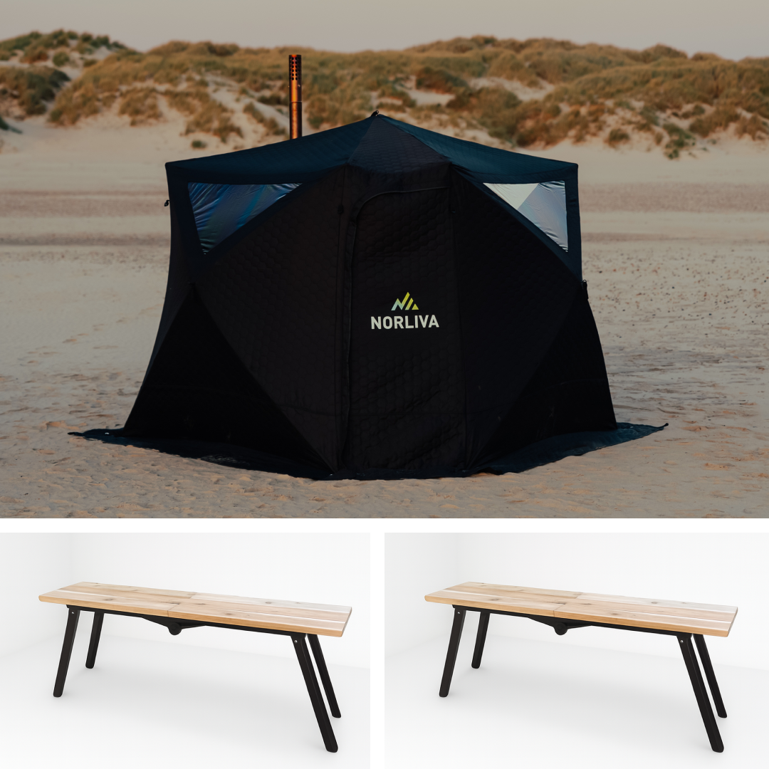 Ensemble : tente sauna Fjorden + poêle + bancs