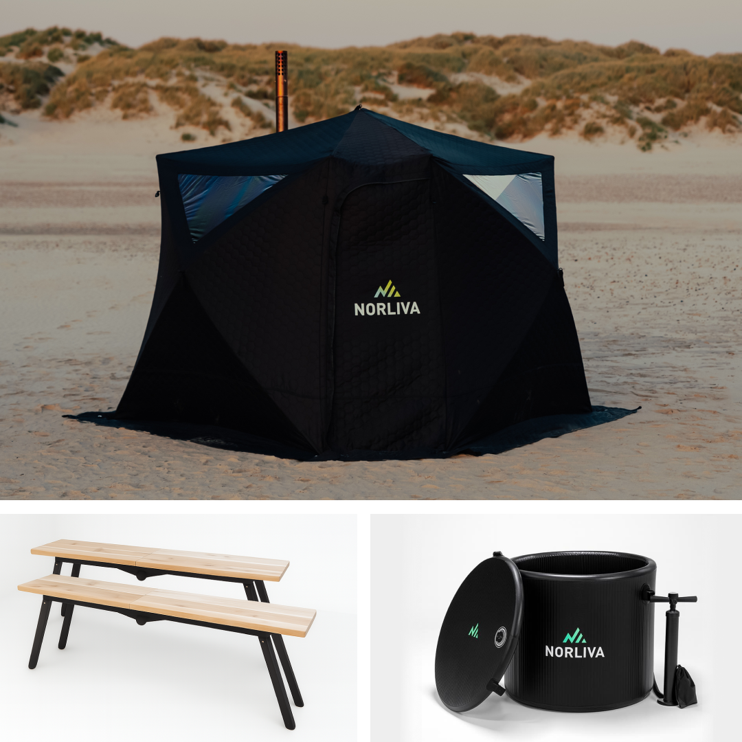 Ensemble : tente sauna Fjorden + poêle + bancs + tonneau à glace