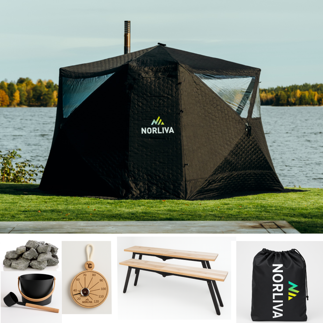 Set: Saunatent Fjorden + oven + sauna-accessoires + regenkap + banken