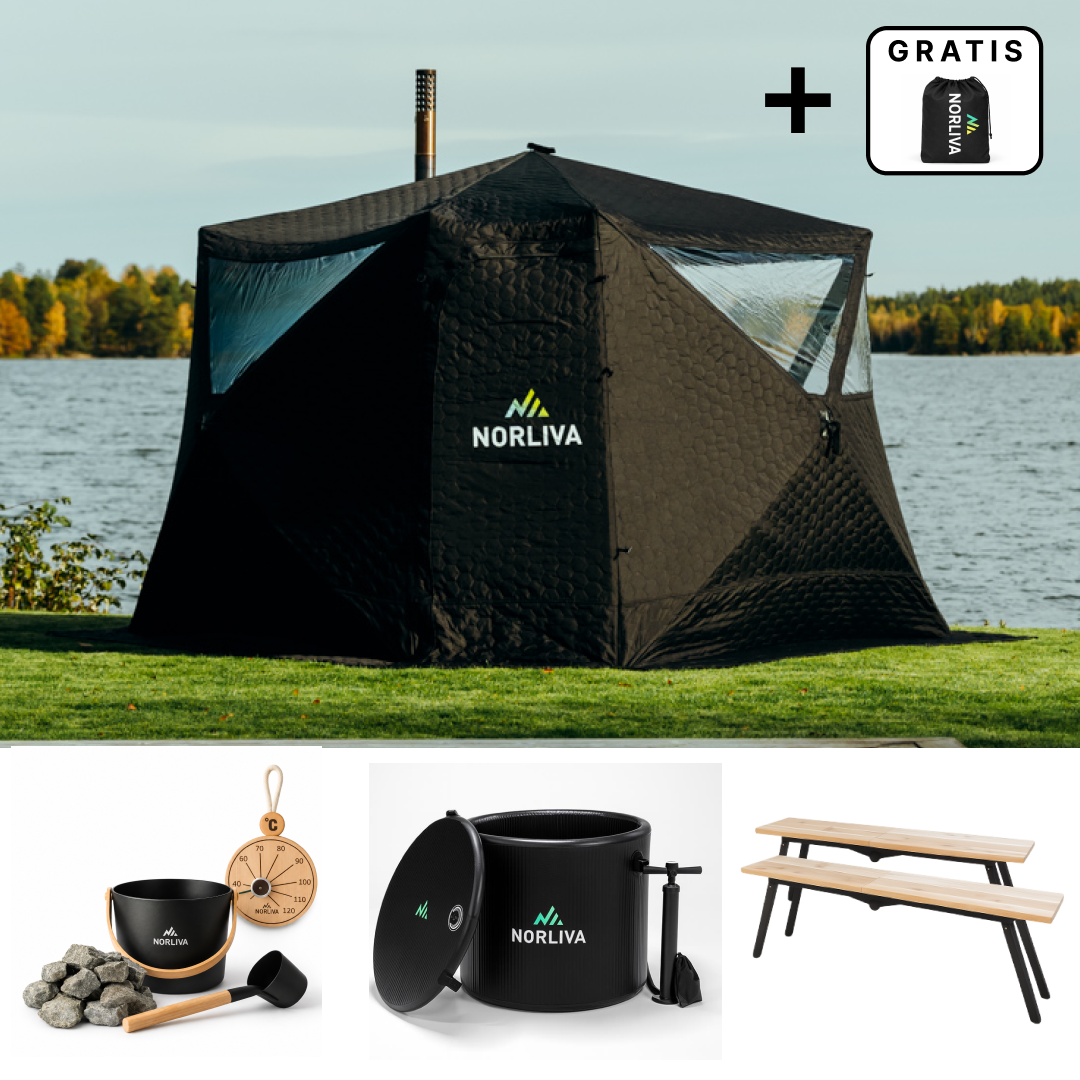 Set : tente de sauna Fjorden + poêle + accessoires de sauna + protection contre la pluie + bancs + tonneau à glace