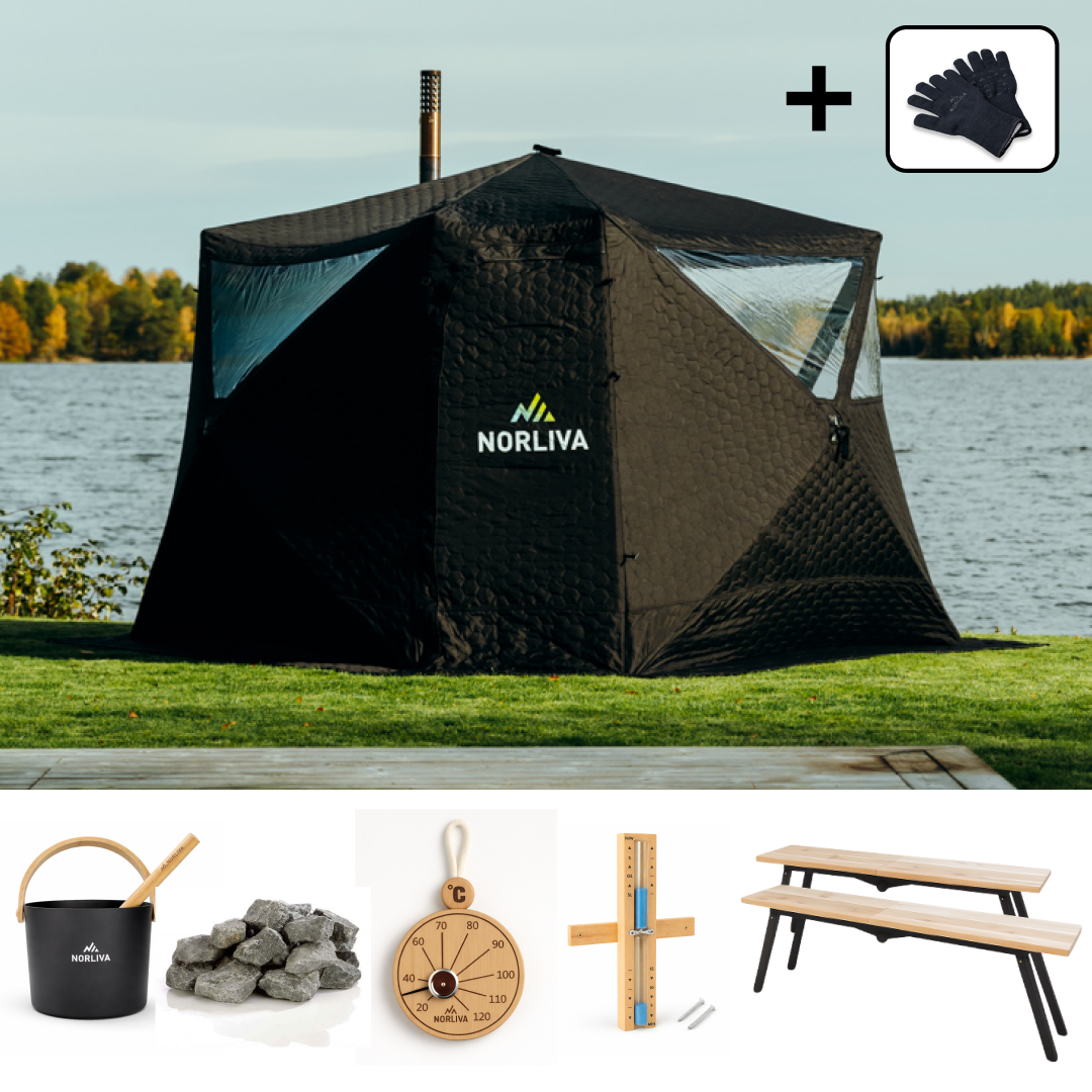 Ensemble : Tente de Sauna Fjorden + Four + Accessoires de Sauna + Bancs