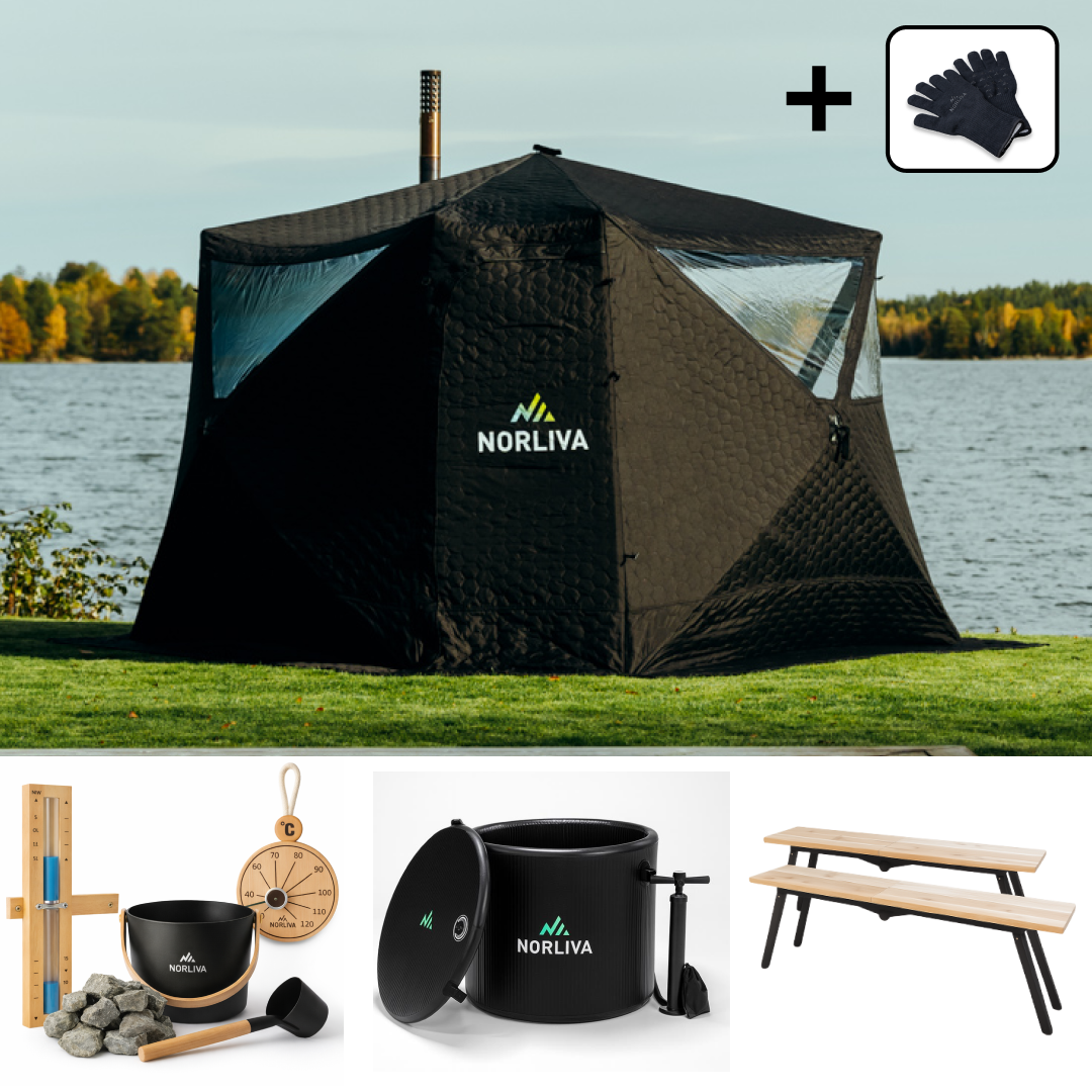 Ensemble : tente sauna Fjorden + poêle + accessoires sauna + bancs + baignoire glacée