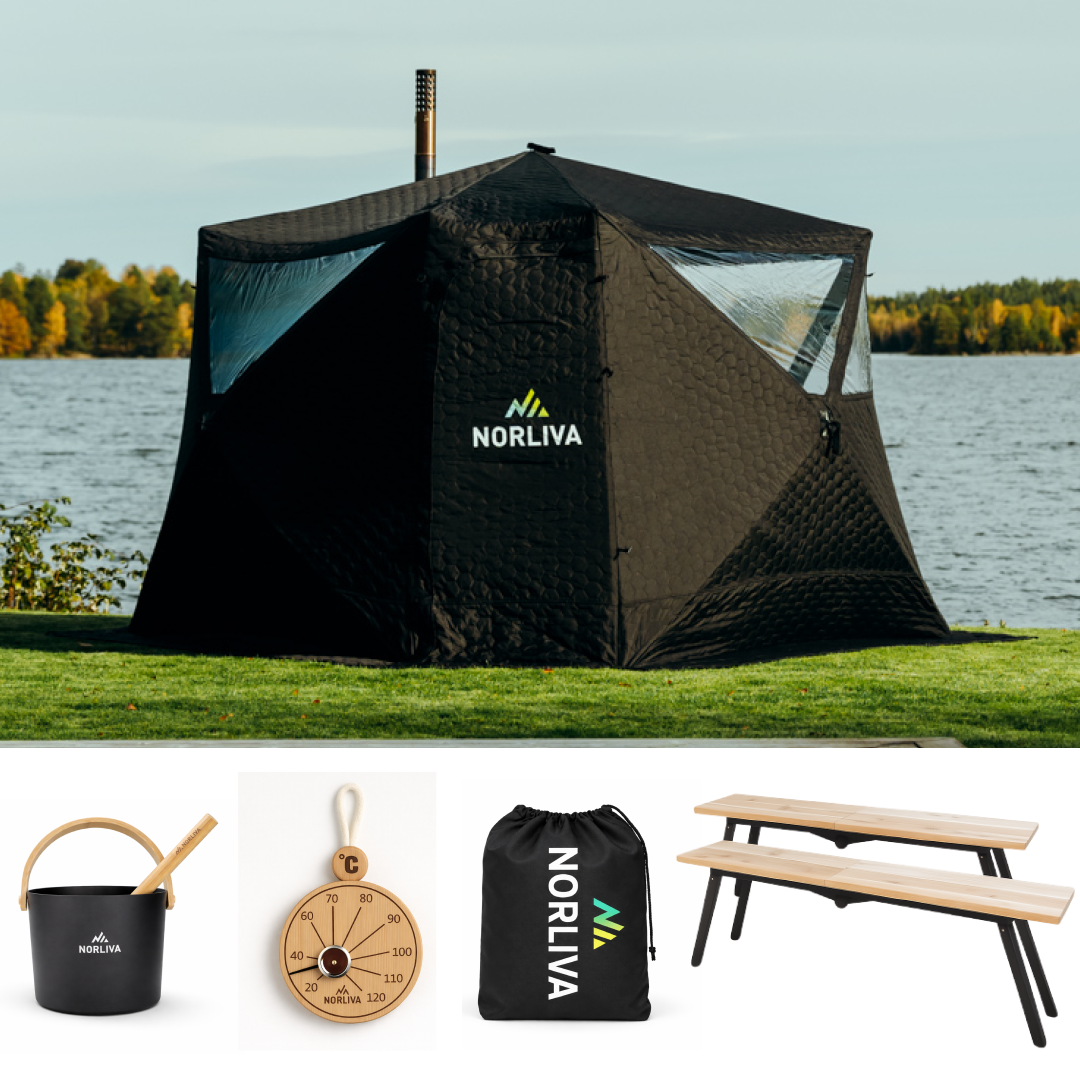 Set: Saunatent Fjorden + kachel + sauna-accessoires + regenbescherming + banken