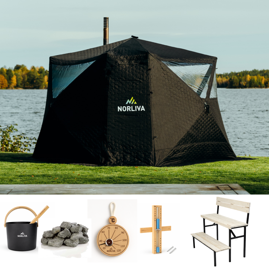 Tente de sauna Fjorden + poêle de sauna + accessoires de sauna + banc à deux niveaux