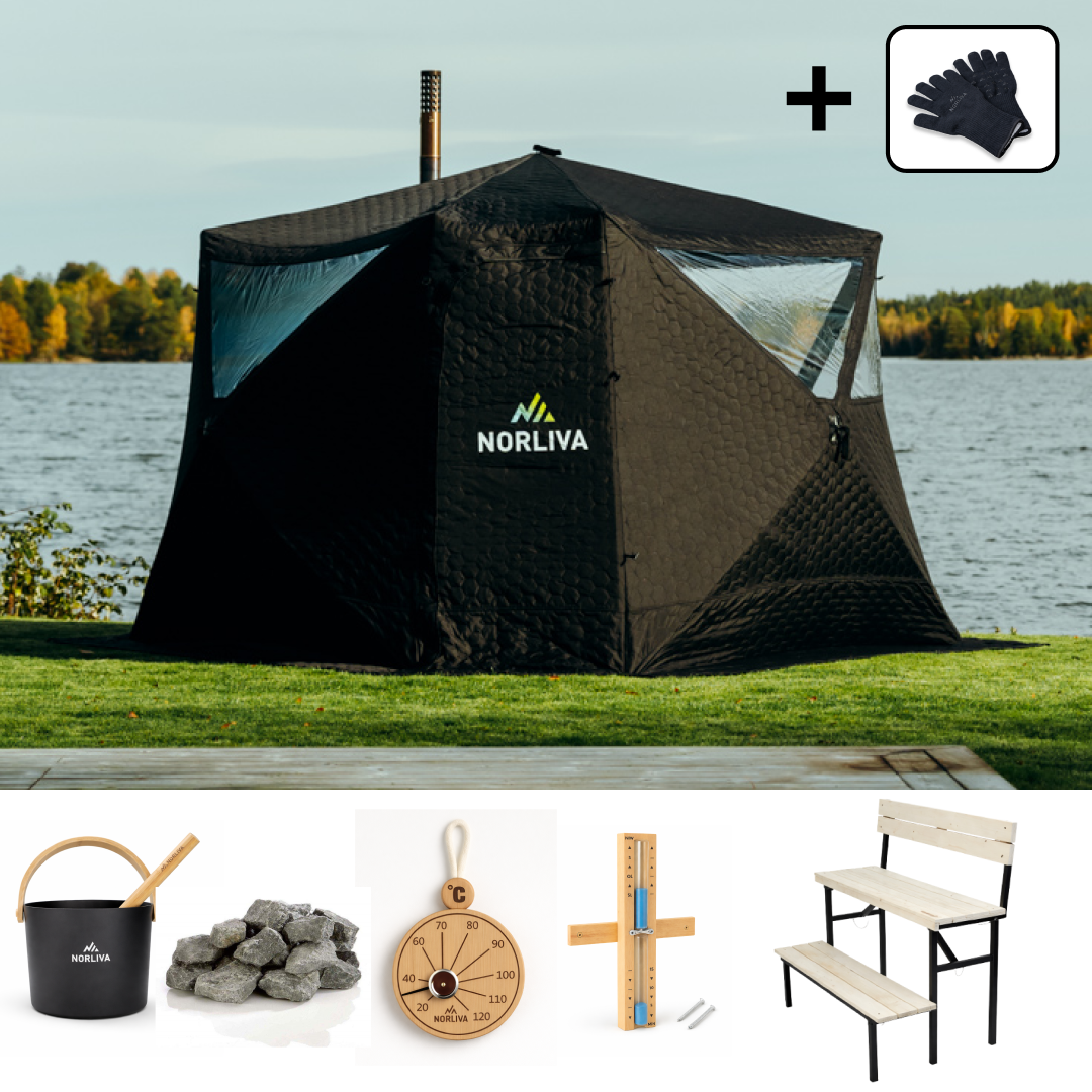 Tente de sauna Fjorden + poêle de sauna + accessoires de sauna + banc à deux niveaux