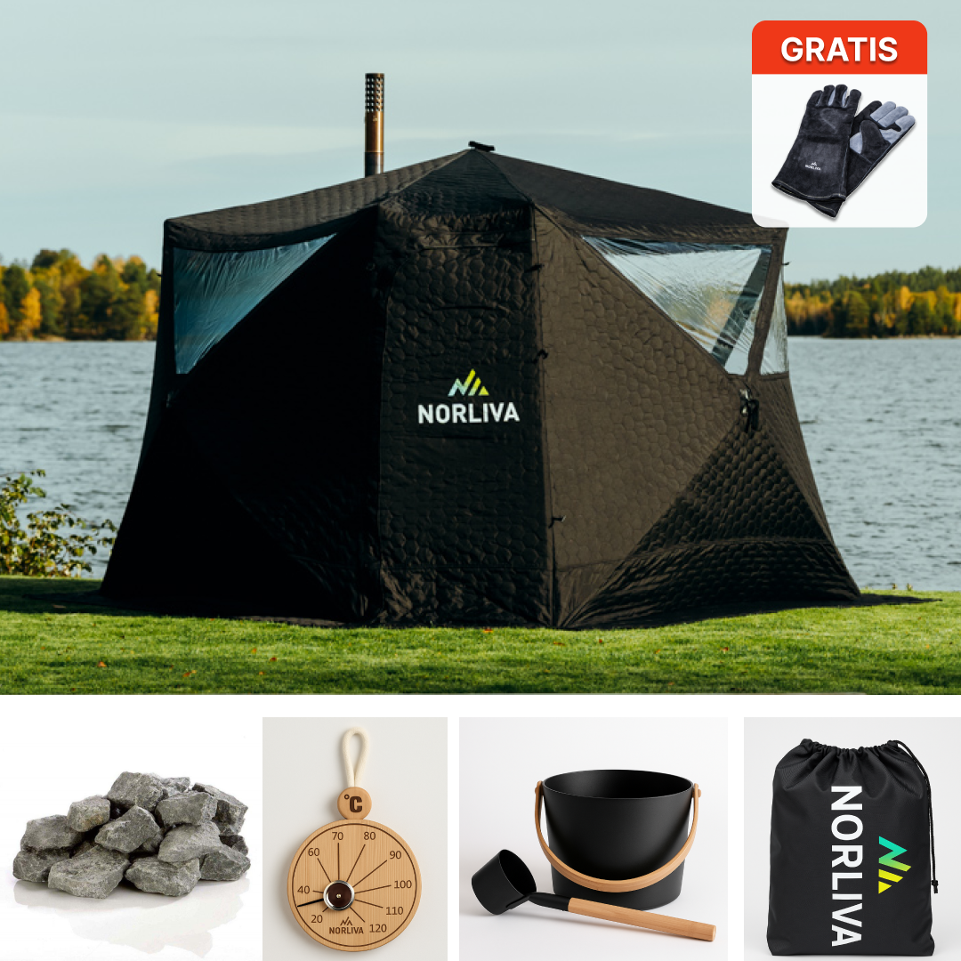 Ensemble : tente sauna Fjorden + poêle + accessoires sauna + protection pluie