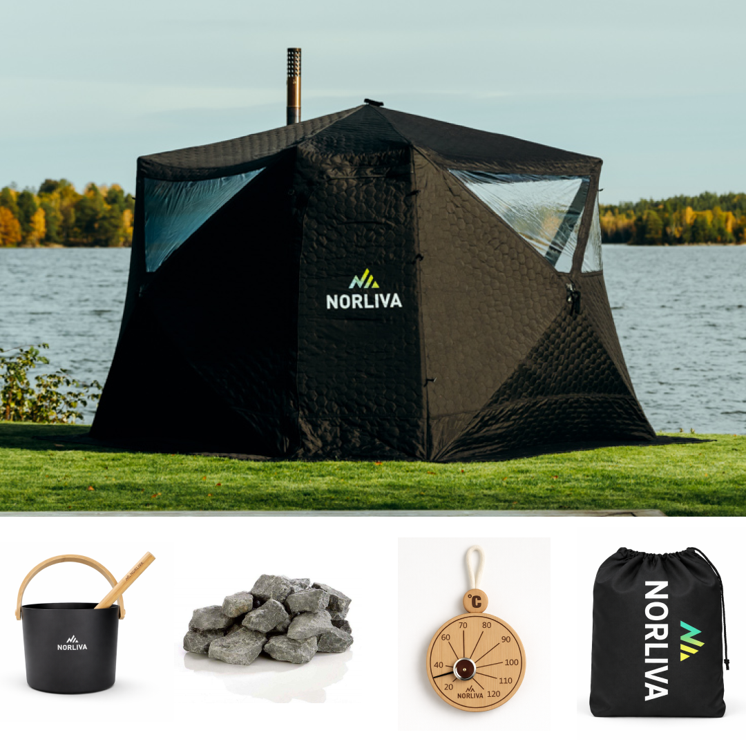 Set: Saunatent Fjorden + Kachel + Sauna-accessoires + Regenschutz