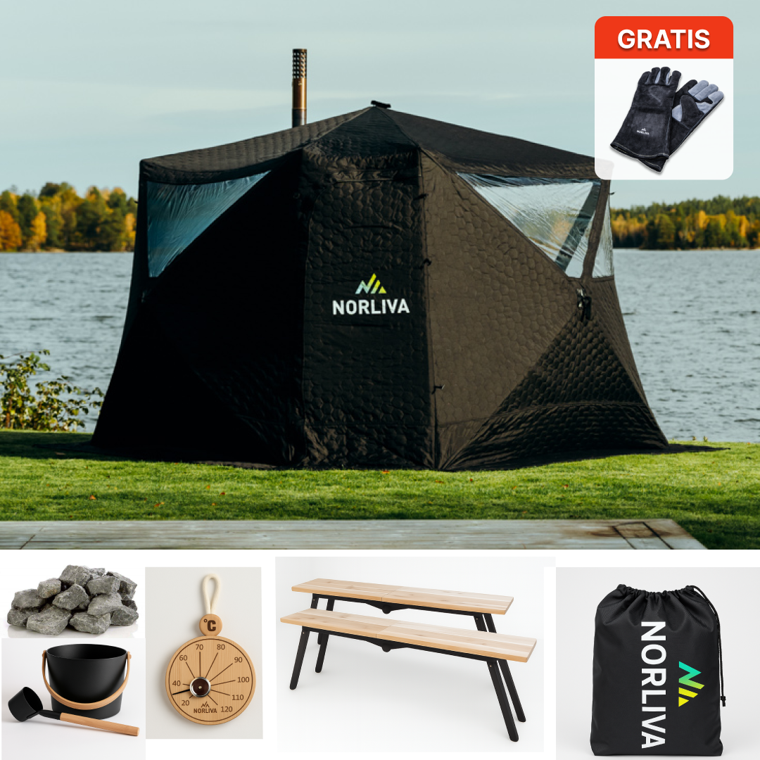 Ensemble : tente sauna Fjorden + poêle + accessoires sauna + protection contre la pluie + bancs