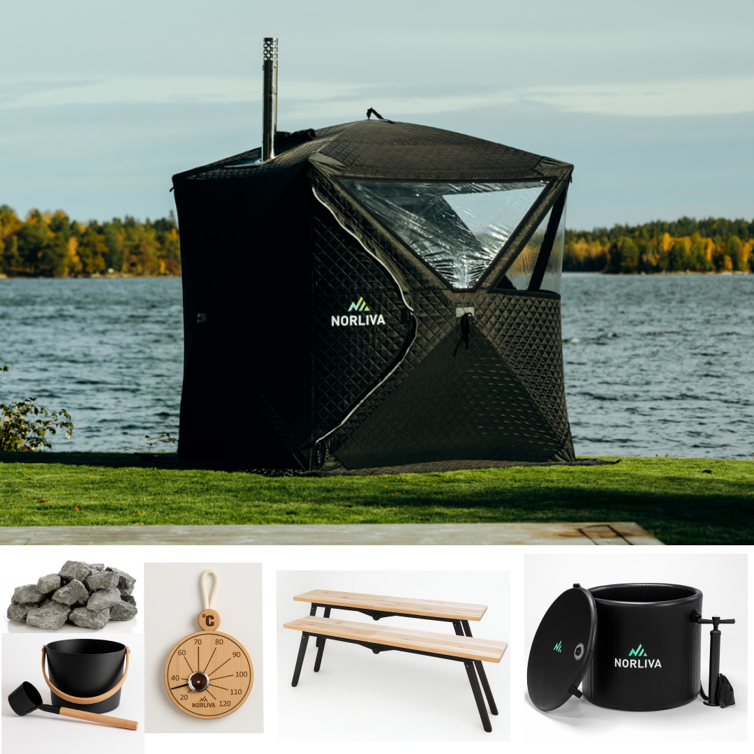 Ensemble : tente sauna Isen + poêle + accessoires sauna + bancs + tonneau à glace