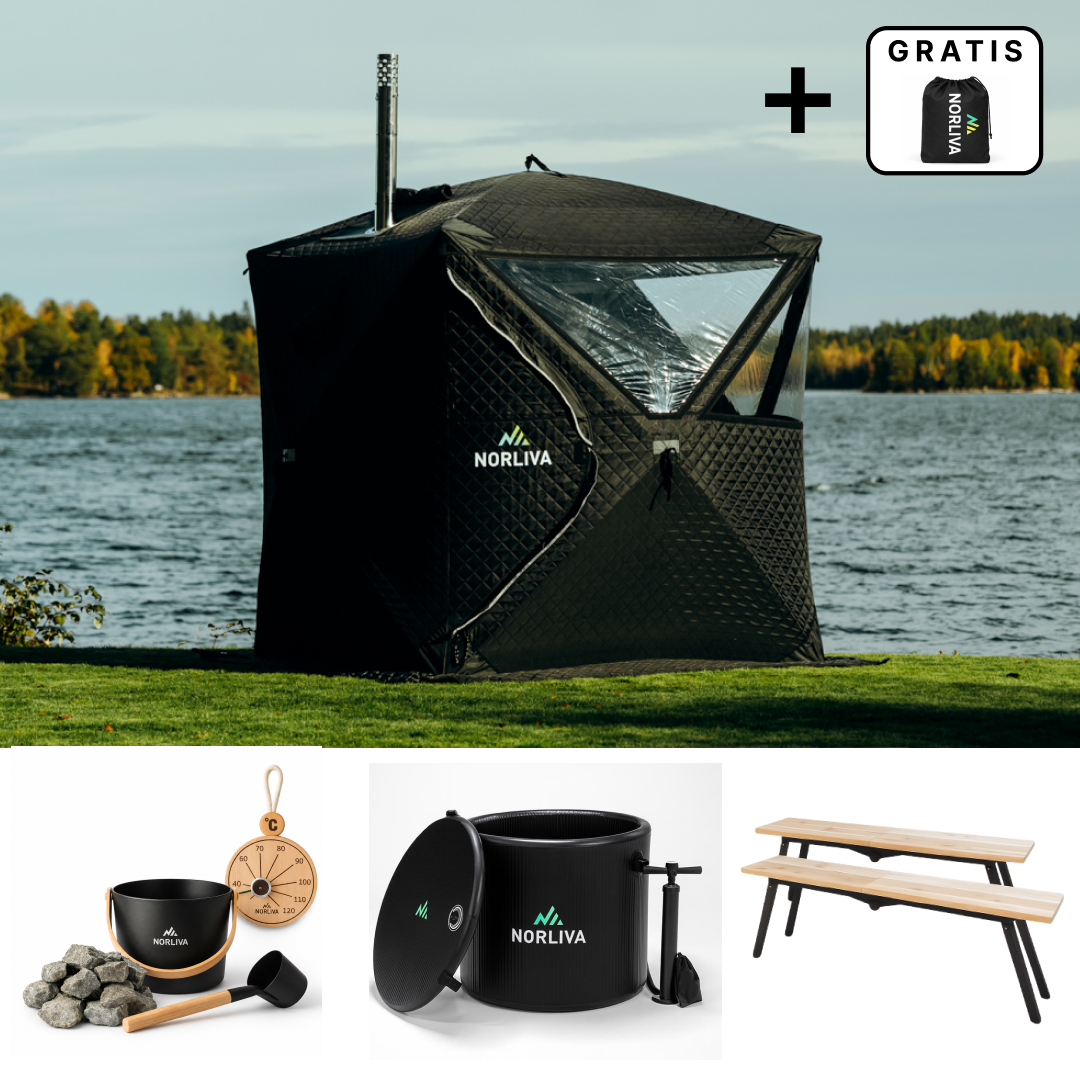 Ensemble : tente sauna Isen 3.0 + poêle + accessoires de sauna + protection contre la pluie + bancs + tonneau de glace