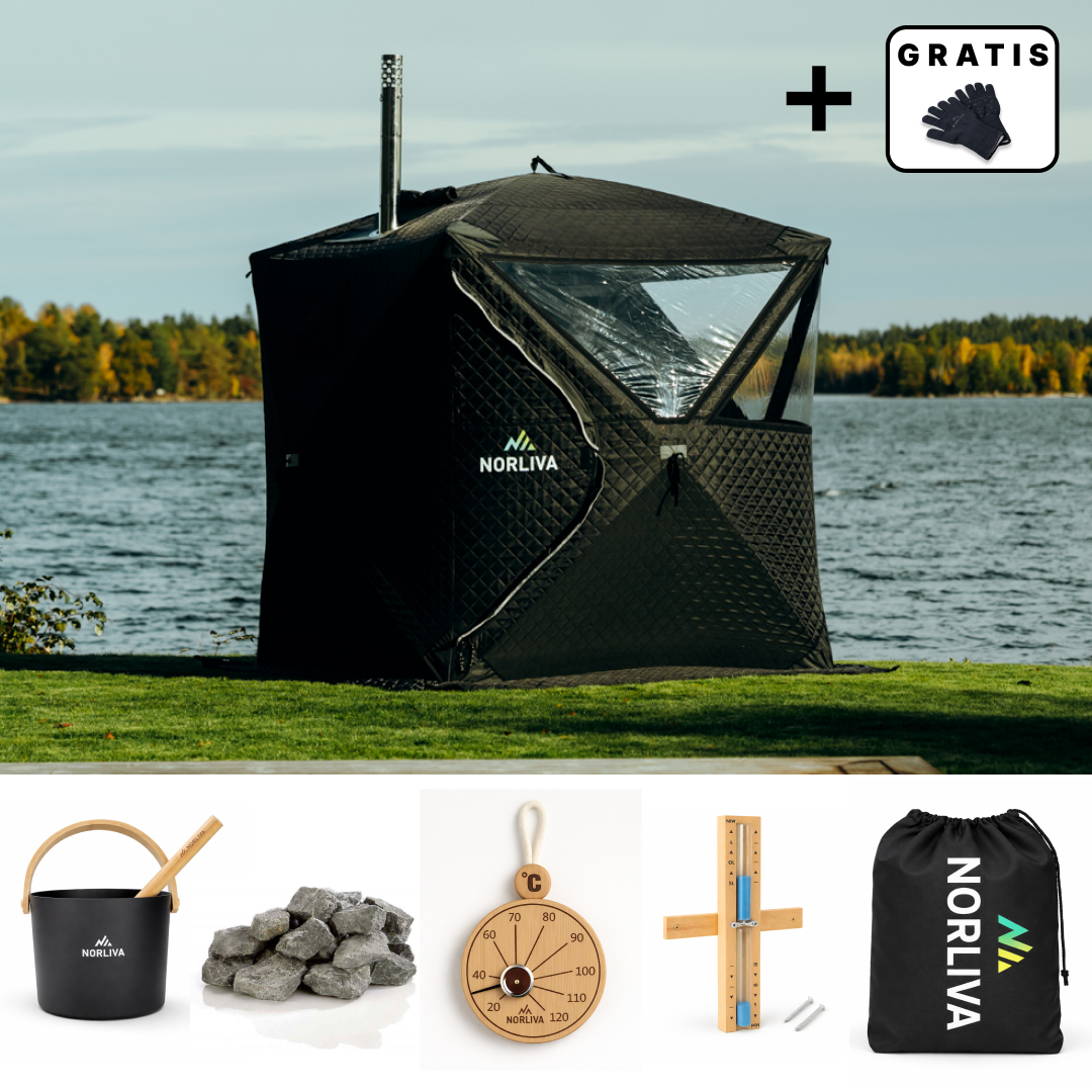 Set: Saunatent Isen + kachel + sauna-accessoires + regenbescherming