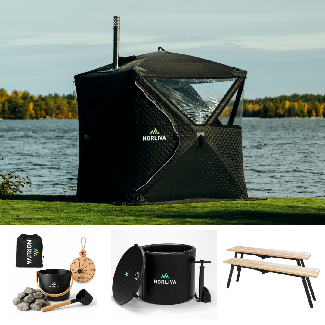 Set: saunatent Isen 3.0 + kachel + sauna-accessoires + regenbescherming + banken + ijsbad