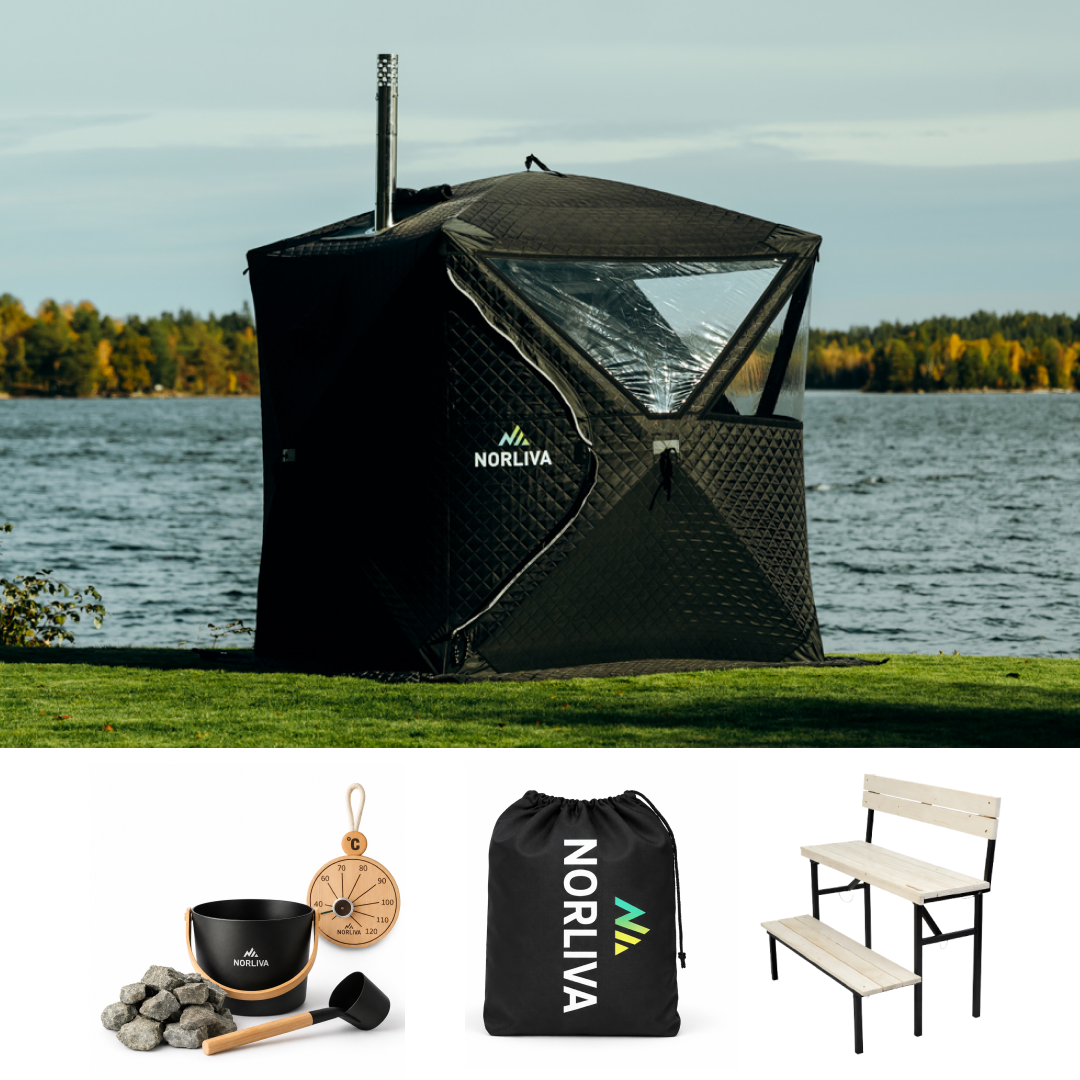 Set: saunatent Isen 3.0 + kachel + sauna-accessoires + regenbescherming + bank met twee niveaus